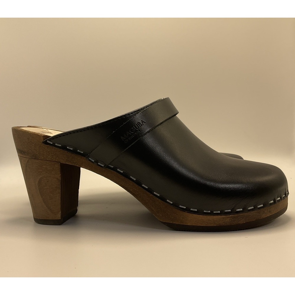 Maguba Stockholm Swedish Clogs Sz. 39 Black Wood Heel Shoes 70s Retro Bohemian